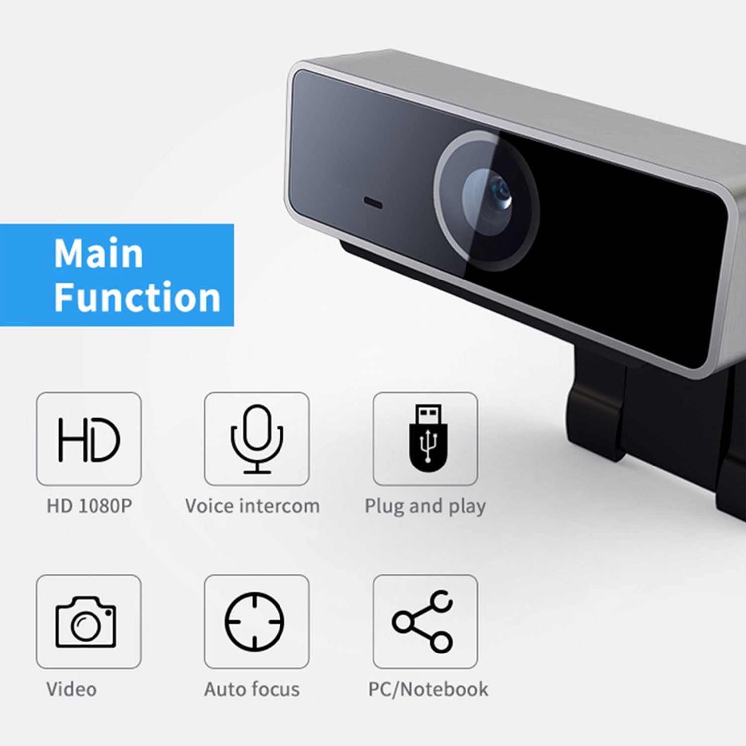 1080P USB Webcam with Autofocus, 60° Wide Angle and Built-In Microphone