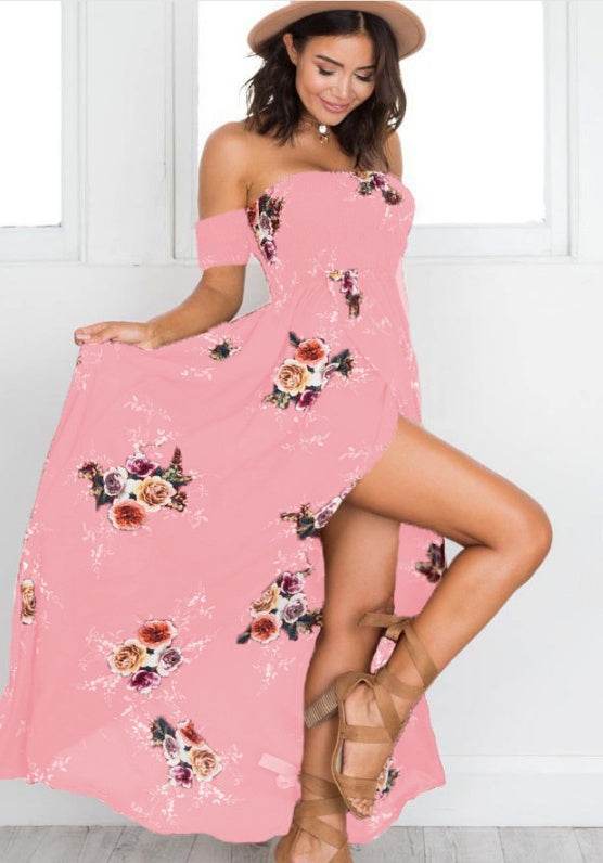 Elegant Ladies Summer Boho Vacation Resort Slit Maxi dress off shoulder Long floral Beach summer slit dress