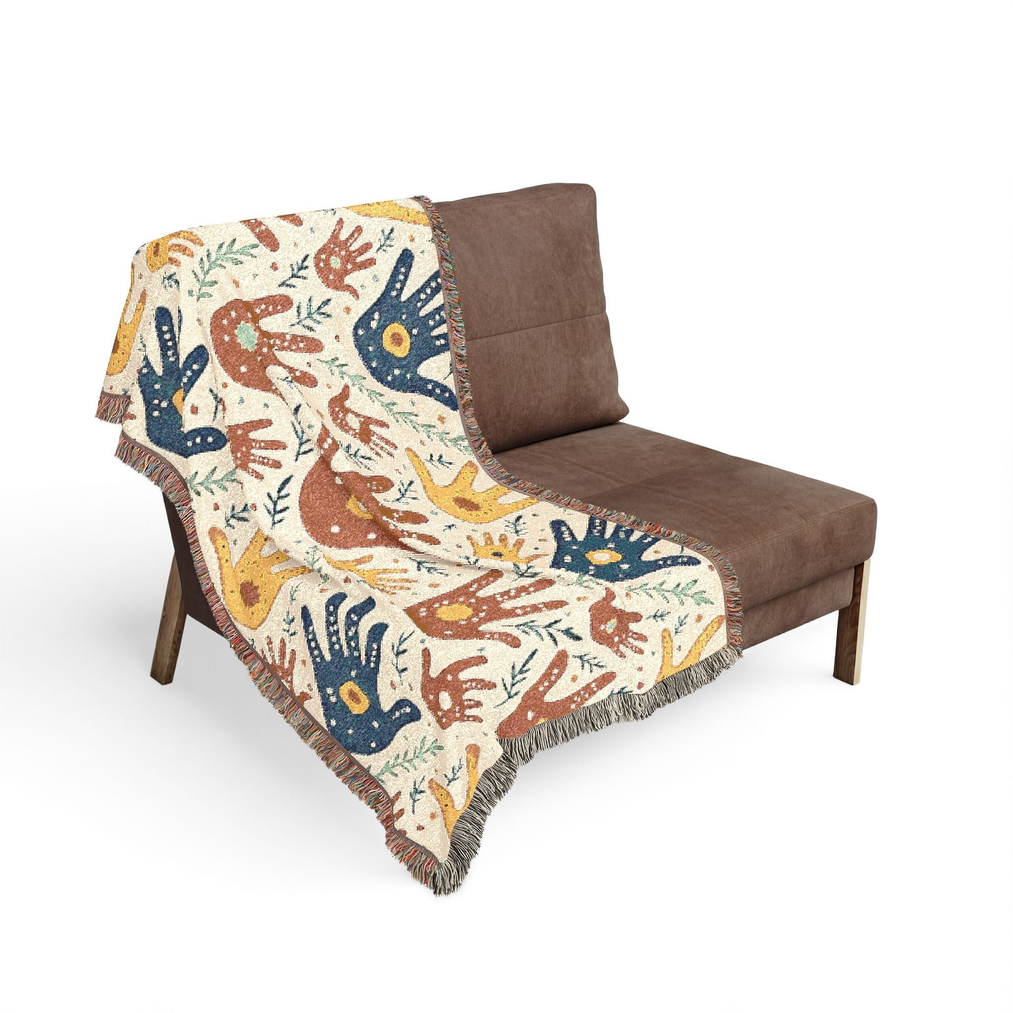 Handprint Pattern Woven Blanket — Boho Tribal Throw for Living Room, Nursery, or Gift