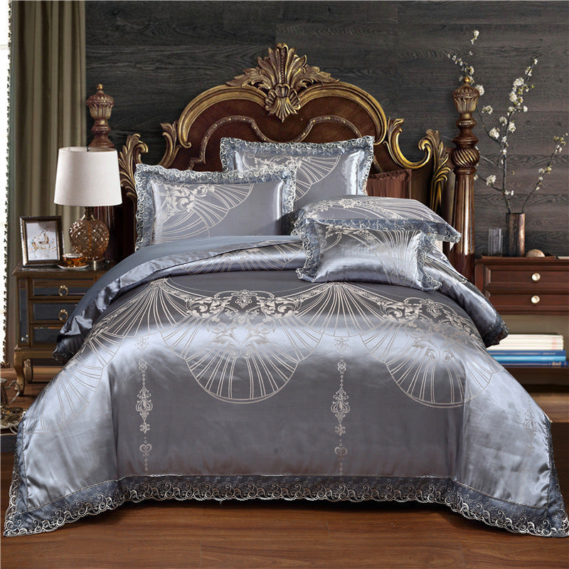 Jacquard Cotton Four‑Piece Luxury Bedding Set – Pure Cotton Duvet Cover & Silk‑Satin Finish Bed Sheet