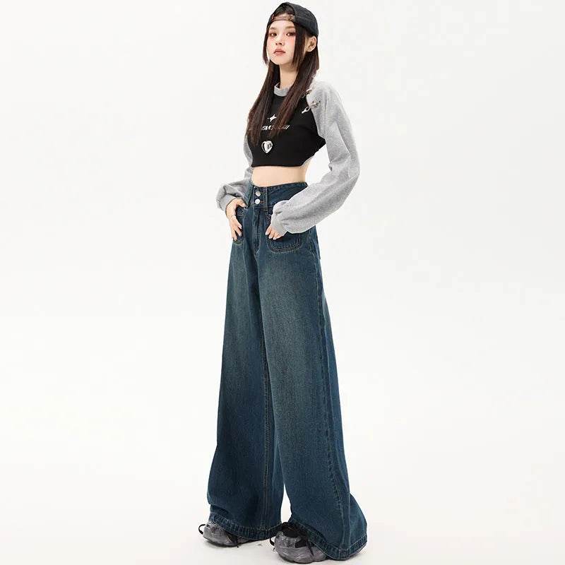 New Simple High Waist Casual Straight-leg Baggy Jeans Pant For Women