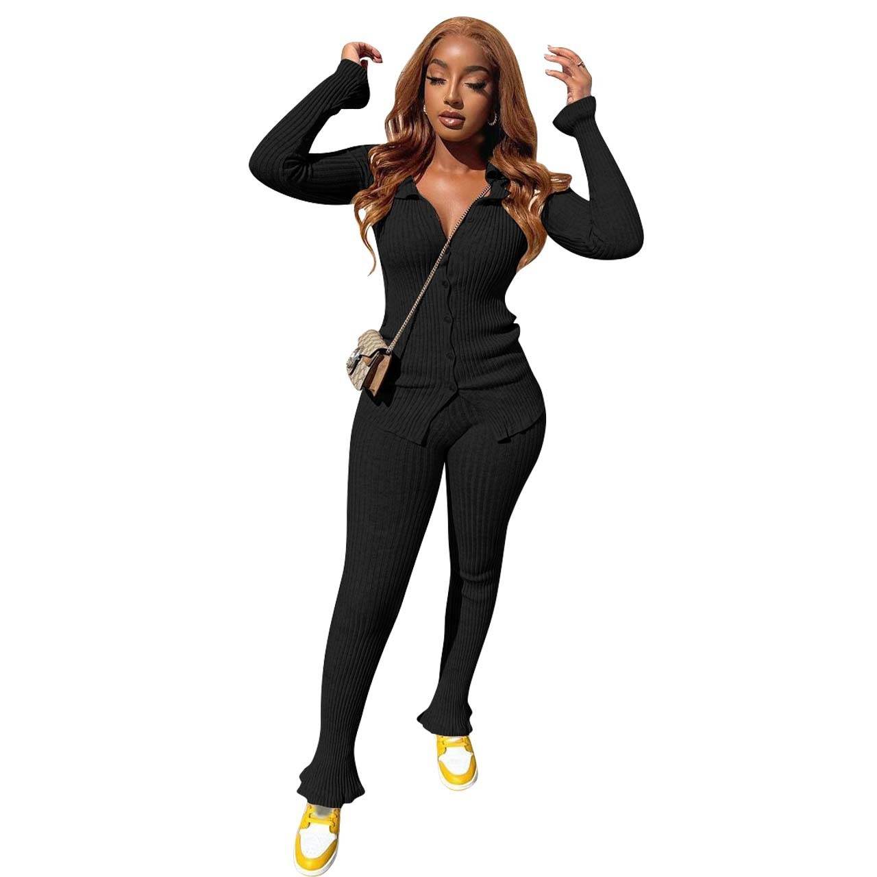 New Fashion Women Casual Slim fit Long sleeve Button down Athleisure wear 2pcs Outfit set