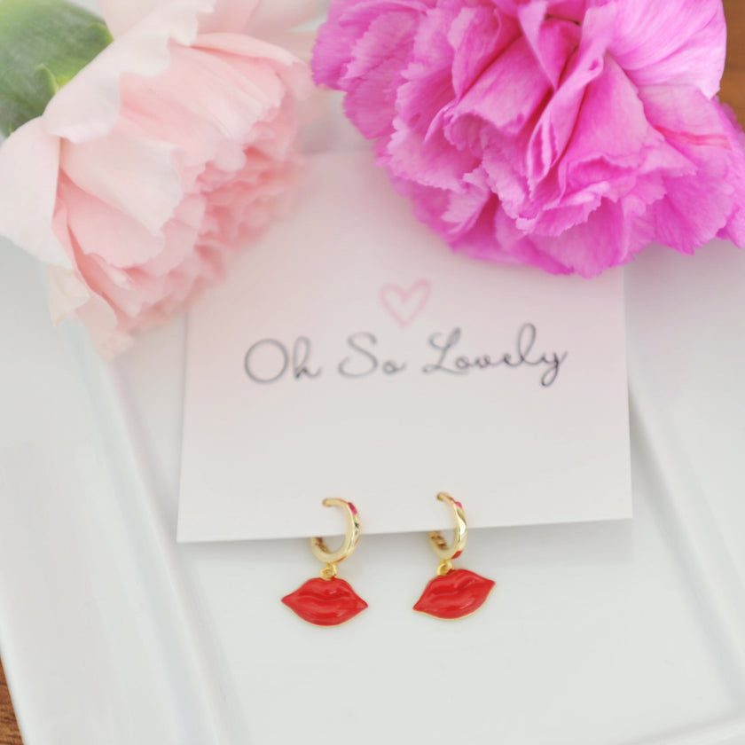 Red Lips Huggie Hoop Earrings 