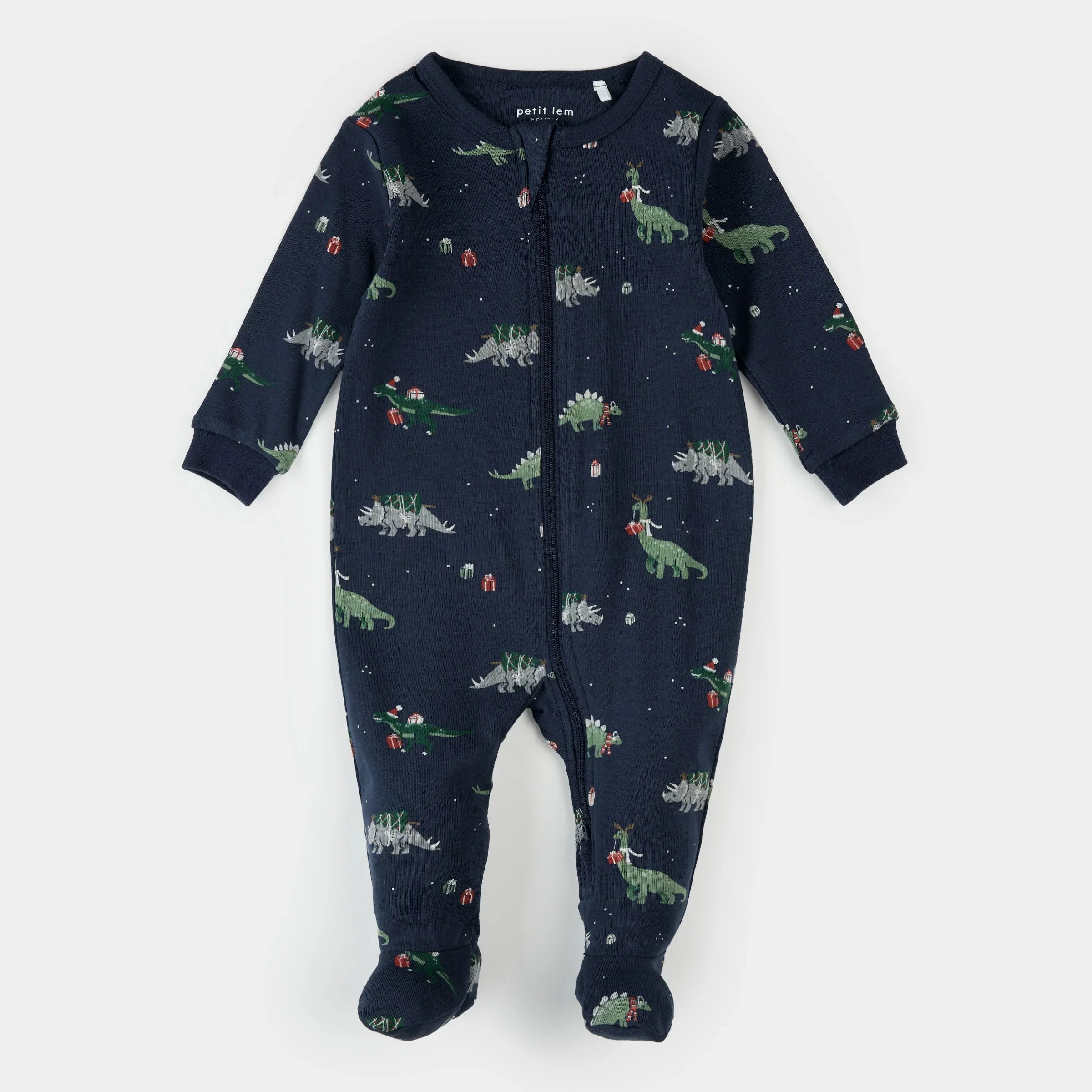 Footed Sleeper | Holiday Dinosaur Print on Navy | Petit Lem