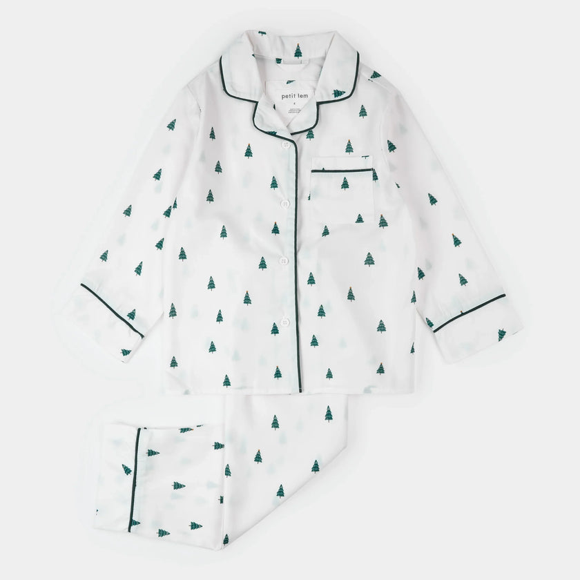 Poplin PJ Set | Pine Tree Print on Off-White | Petit Lem