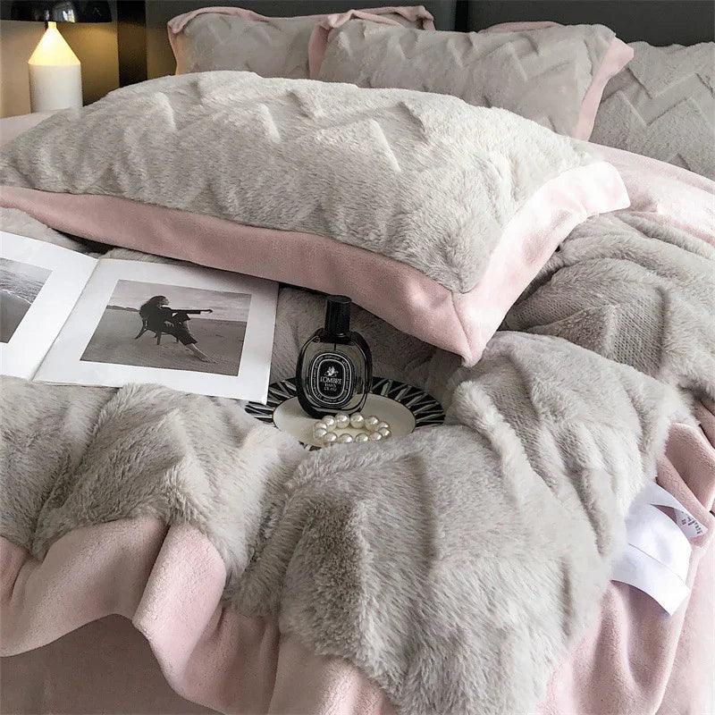 A Four Piece Set Of Rabbit Hair And Milk Velvet Duvet Cover On A Baby Plush Bed