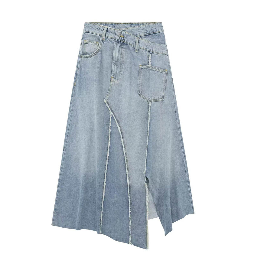 Fashionable Asymmetric High Waist Midi Denim Split Skirt