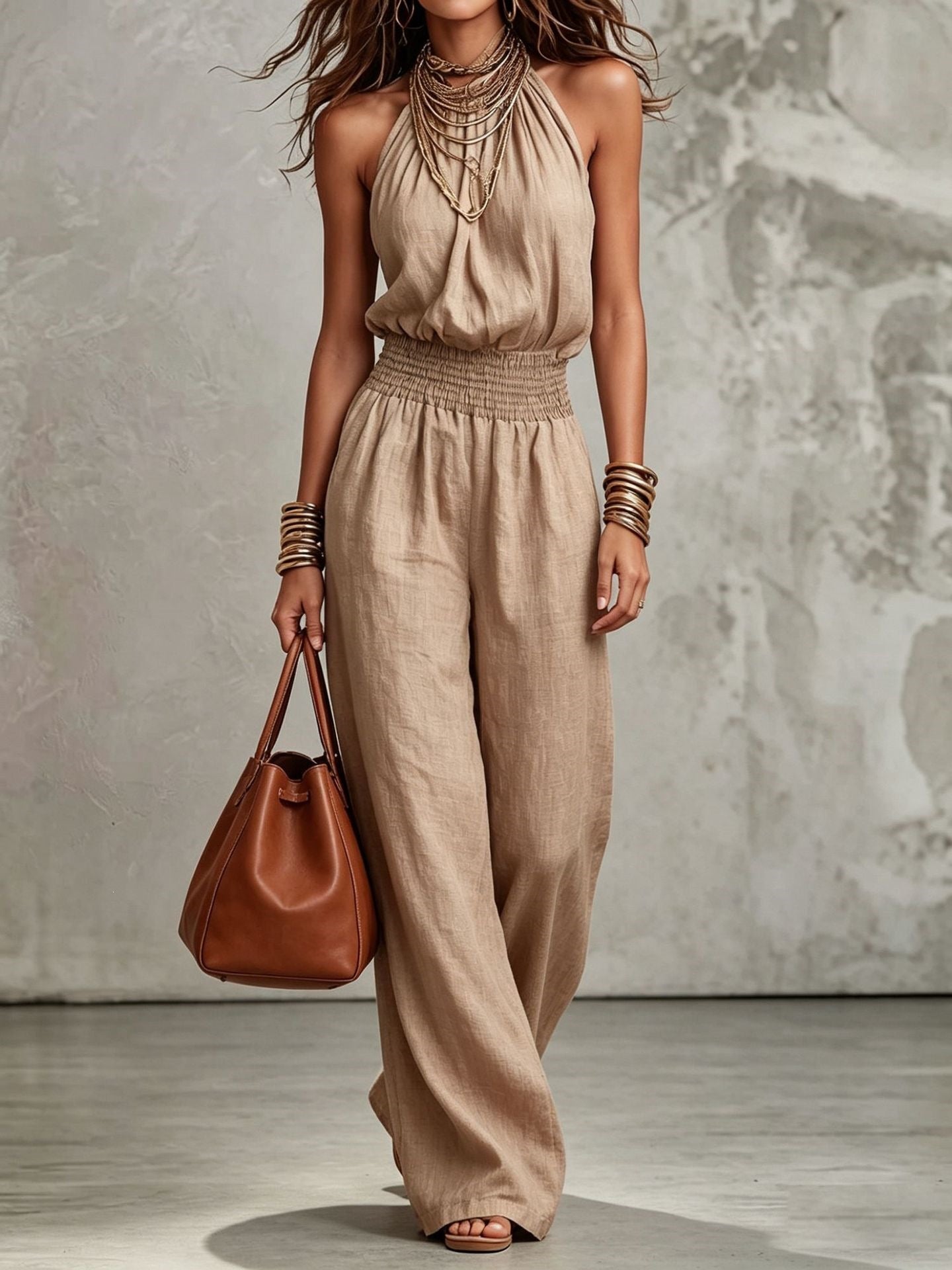 Women's Halter Neck Backless Wide-Leg Jumpsuit | Sleeveless Lace-Up Onesie