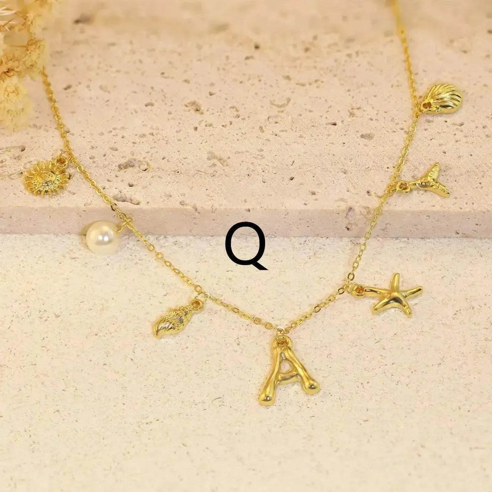 26 Bamboo Letter Necklace Starfish Shell Necklace for Women