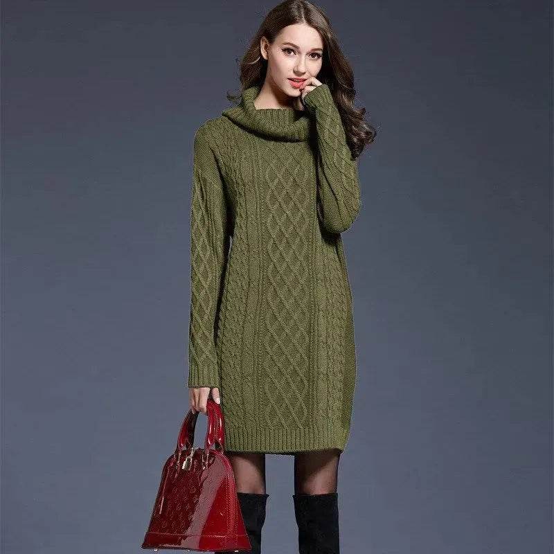 New Autumn Winter Solid Knitted Oversized Mini Turtleneck Sweater Dress