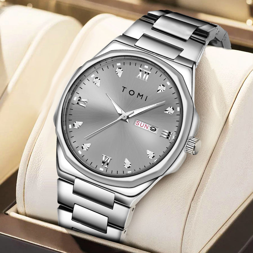 TOMI Diamond Encrusted Quartz Watch for Men – Stainless Steel Dress Watch