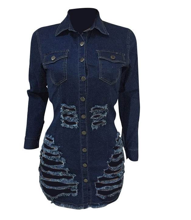 Chic Fashion Fitted Ripped Long Sleeve Jeans Denim hip dress