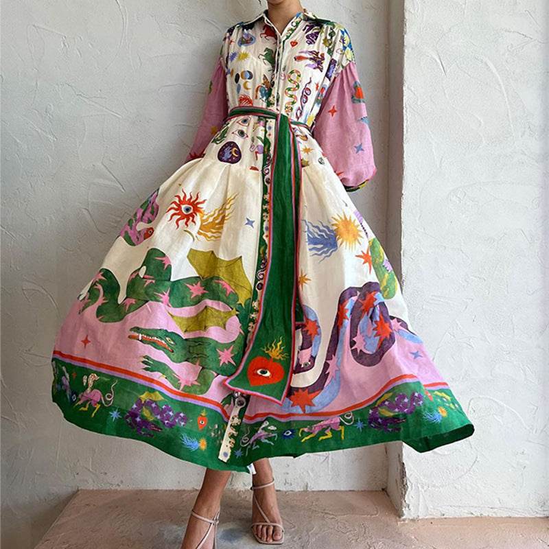 Floral Print Beach Dress – Women's Lantern Sleeve A-Line Midi Dress