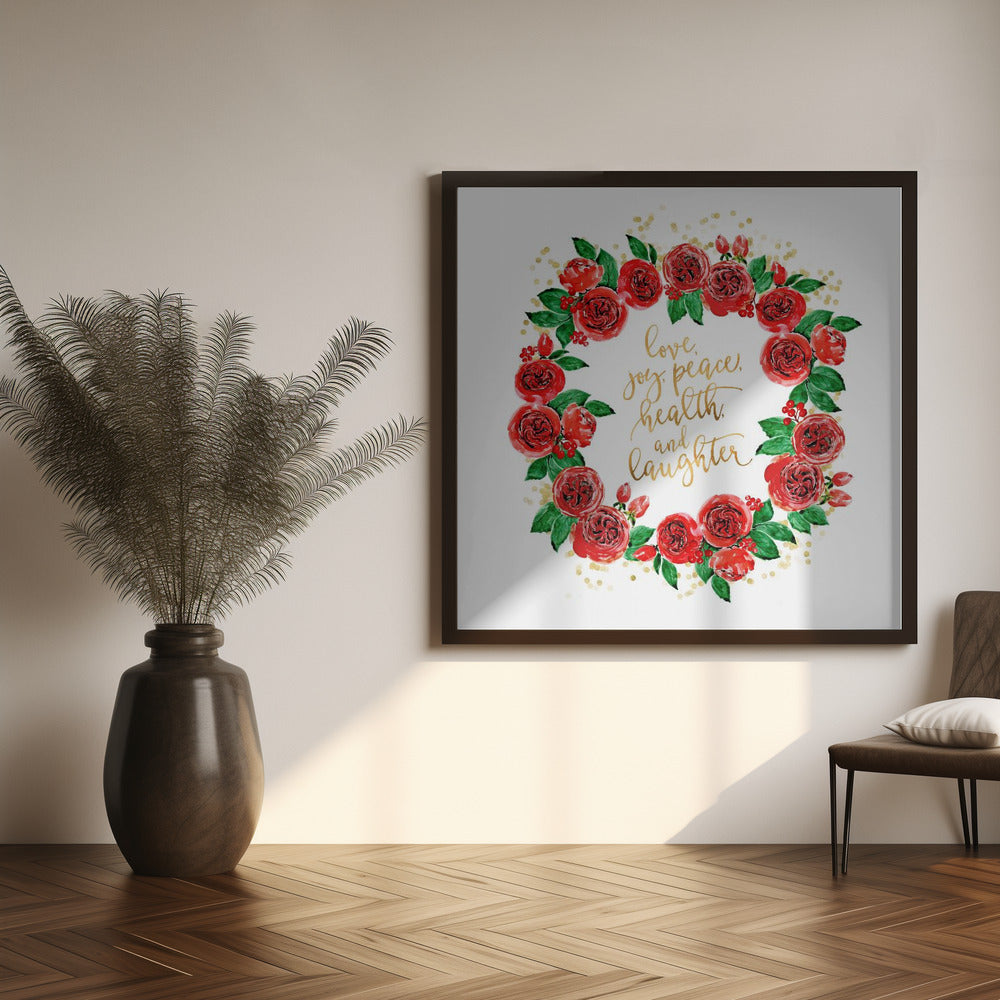 Décoration murale, couronne de roses anglaises rouges pour les vœux de vacances.