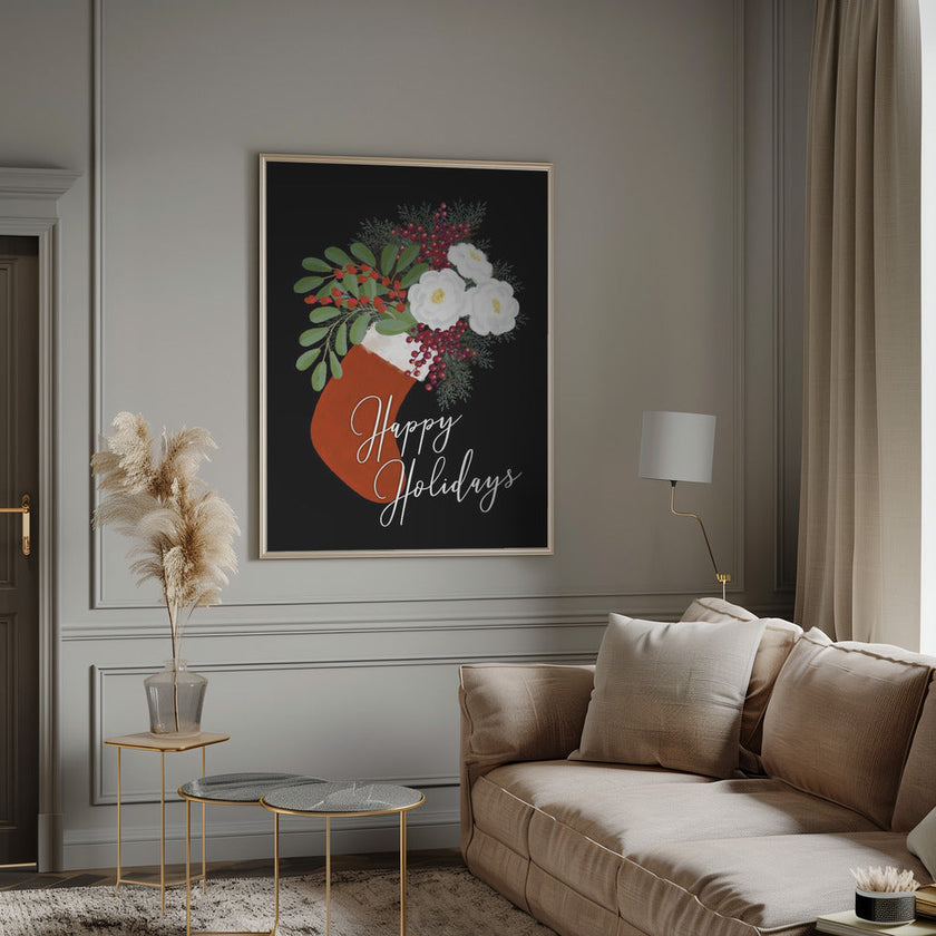 Wall art Floral Stocking Happy holidays in black Canvas Print