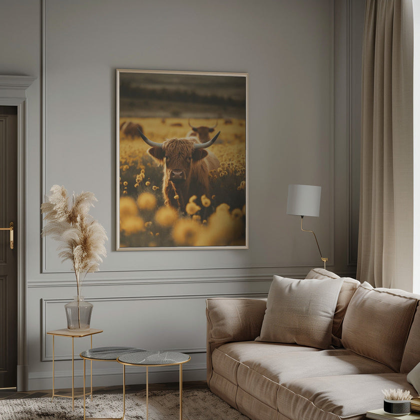 Décoration murale : Vaches des Highlands dans un champ de fleurs