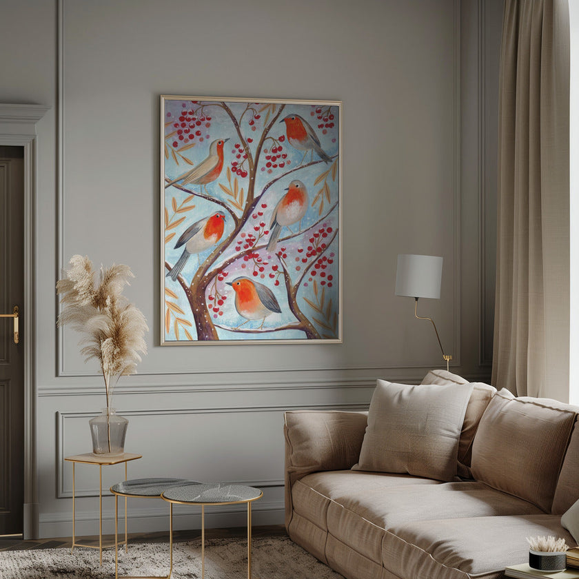 Peintures sur toile d'oiseaux d'hiver, rouges-gorge, Noël, neige