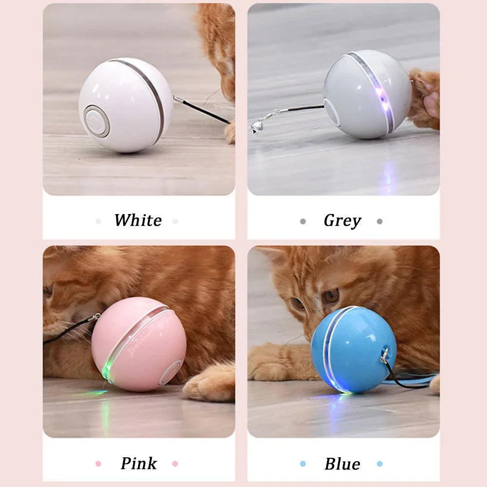 USB Rechargeable LED Rolling Cat Ball Toy with Feather & Bell – Blue, White, Gray, Pink
