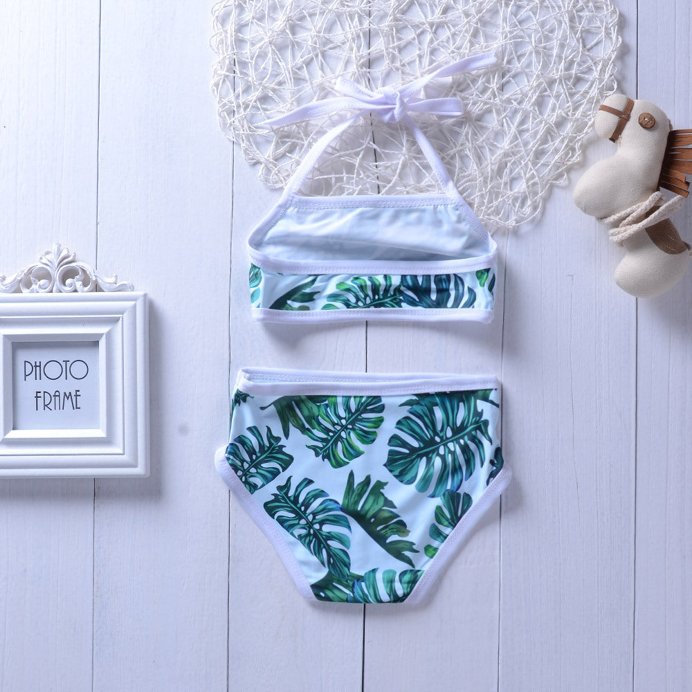 Baby Girls 2-Piece Split Swimsuit – Leaf Print Polyester Swimwear for Kids (80–120cm)