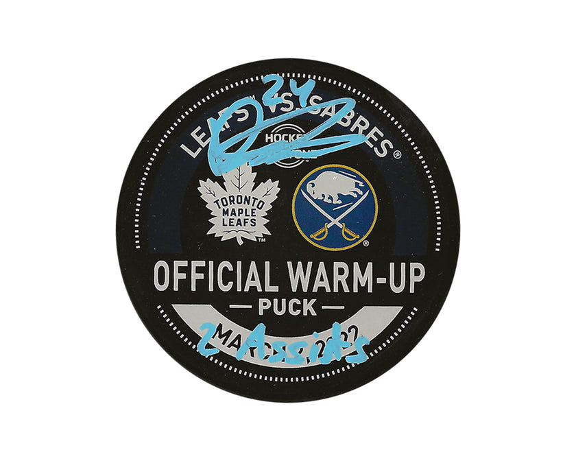 Dylan Cozens Autographed Toronto Maple Leafs Warm-Up Used Puck Inscribed 