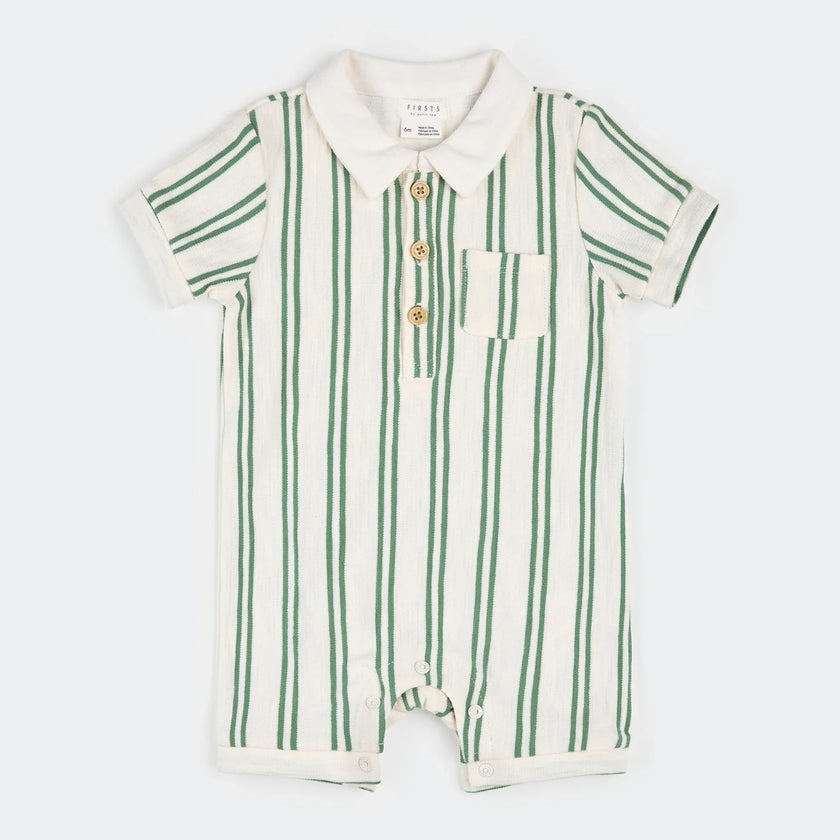 Collared Shortsleeved Romper | Green Stripe | Petit Lem