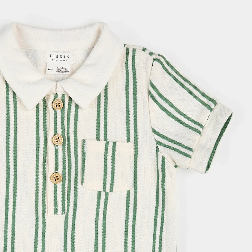 Collared Shortsleeved Romper | Green Stripe | Petit Lem