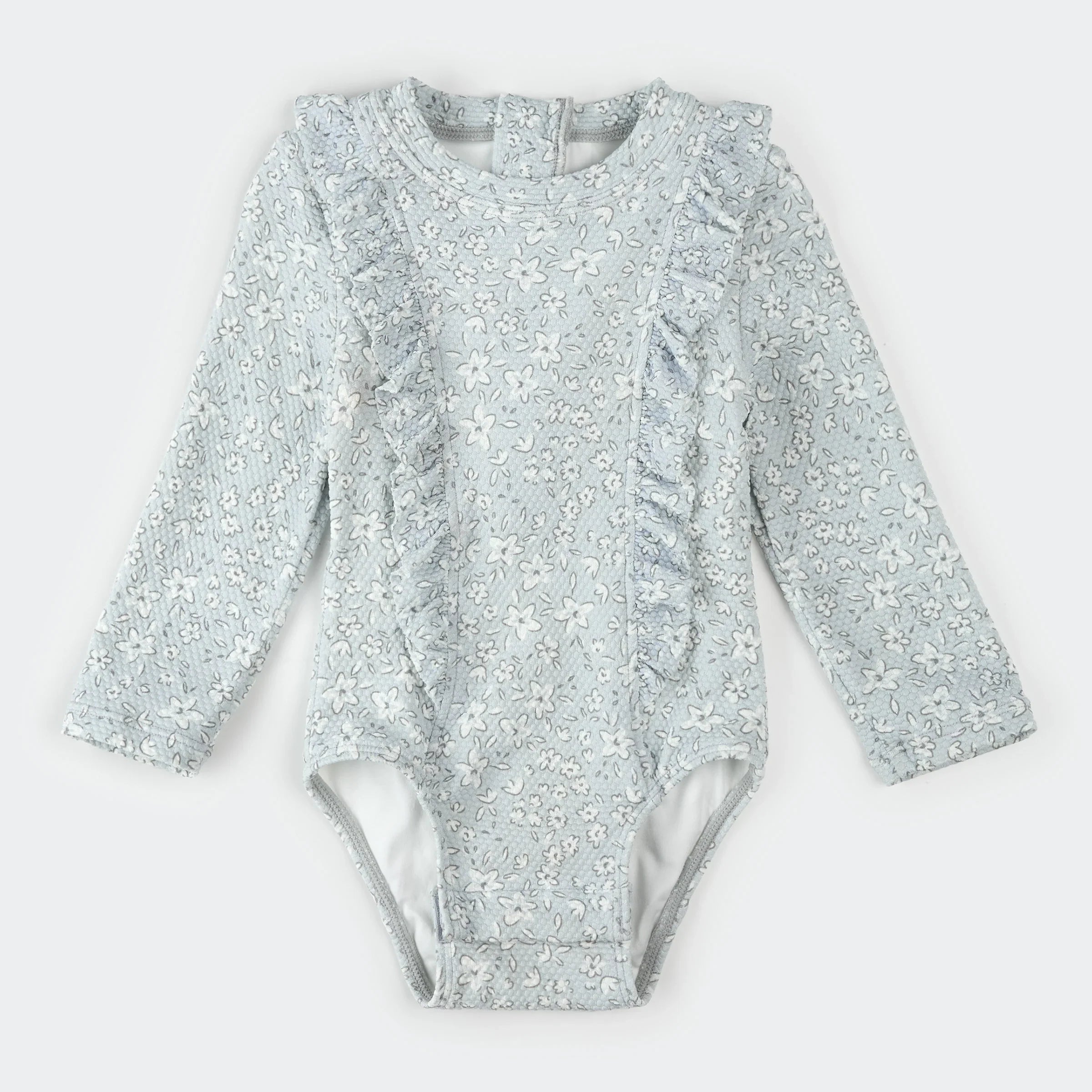 Long-Sleeve One-Piece Swimsuit | Vintage Flowers Print on Powder Blue | Petit Lem