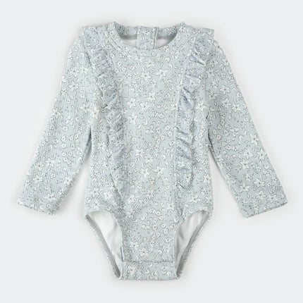 Long-Sleeve One-Piece Swimsuit | Vintage Flowers Print on Powder Blue | Petit Lem