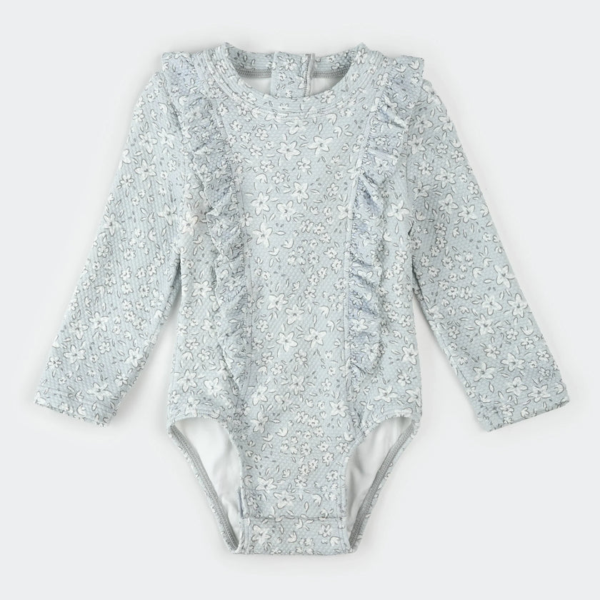 Long-Sleeve One-Piece Swimsuit | Vintage Flowers Print on Powder Blue | Petit Lem