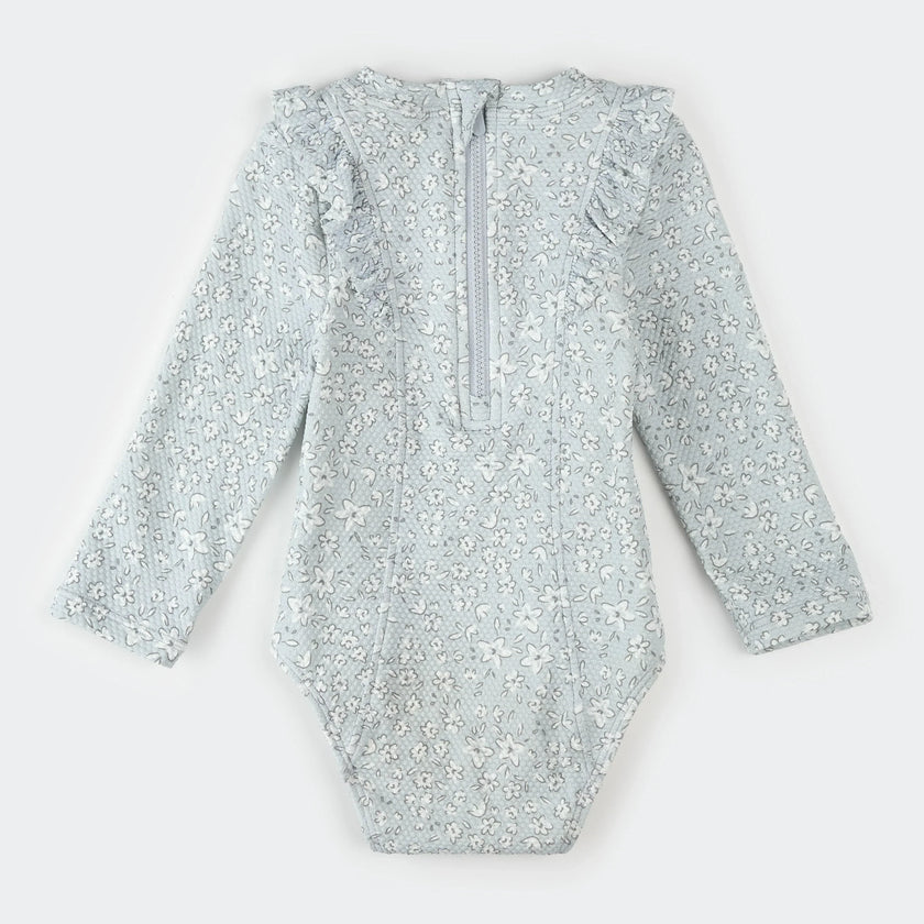 Long-Sleeve One-Piece Swimsuit | Vintage Flowers Print on Powder Blue | Petit Lem