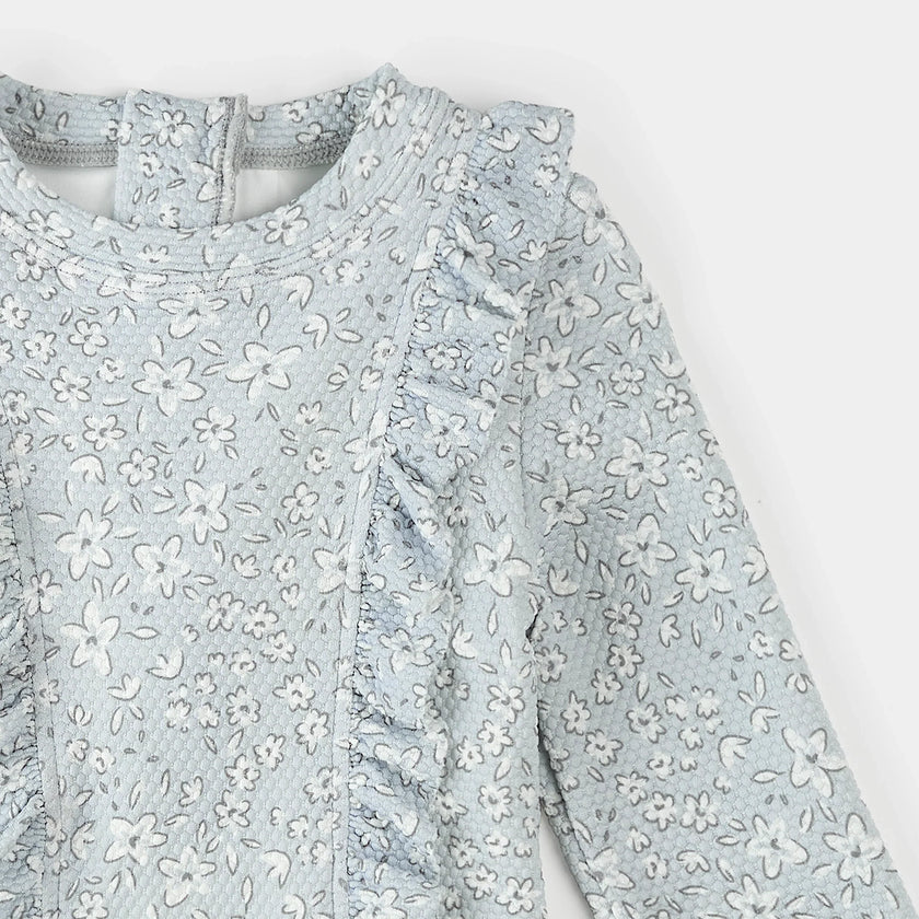 Long-Sleeve One-Piece Swimsuit | Vintage Flowers Print on Powder Blue | Petit Lem