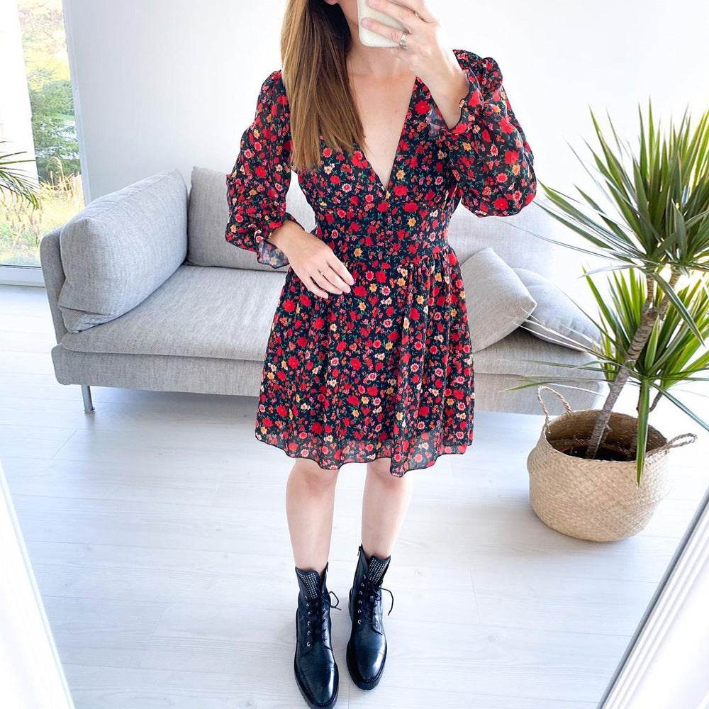 Spring Summer V-neck Long sleeve Floral Mini dress