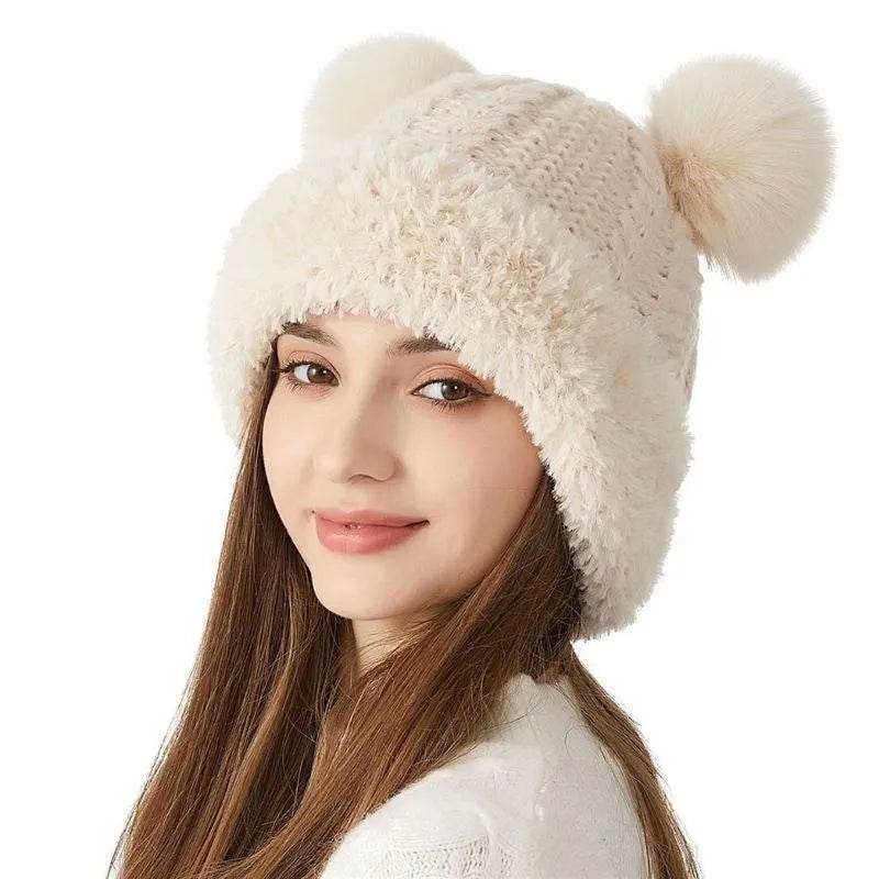 Women Winter Cute Fur Ball Knitted Beanie Hat Outdoor