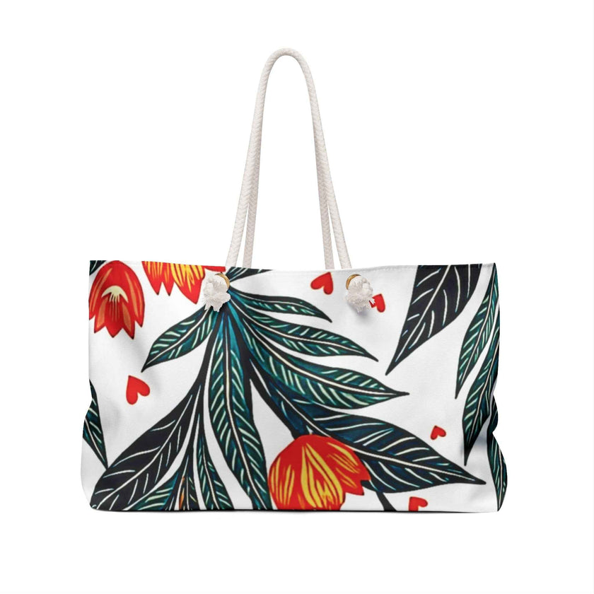Red Tulip Floral Weekender Bag | Botanical Leaves & Heart Accents | Large Tote Bag for Moms & Travel