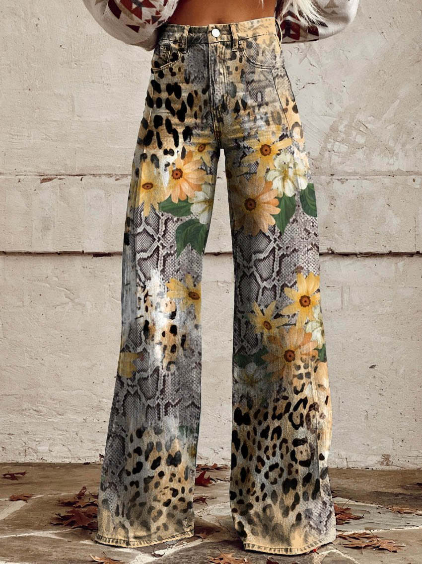 Graphic Printed Pants for Women – Stretch Denim Look Casual Trousers