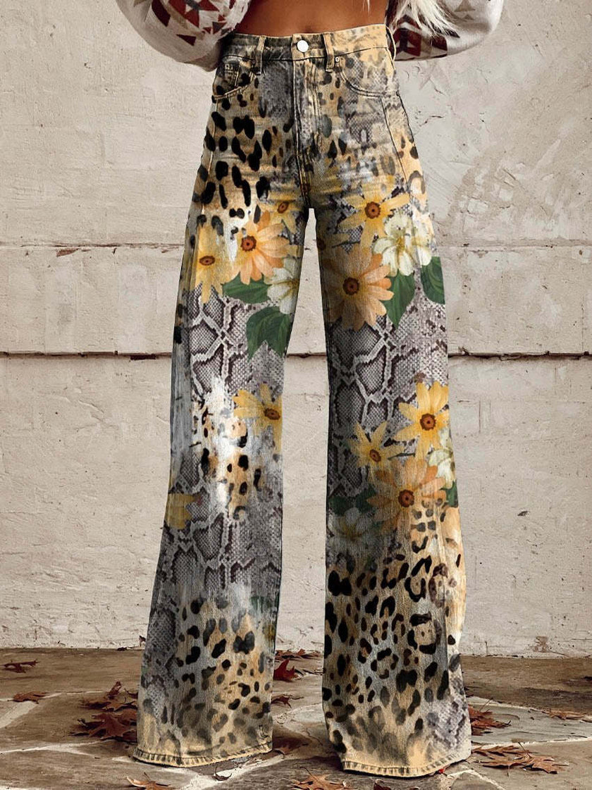 Graphic Printed Pants for Women – Stretch Denim Look Casual Trousers