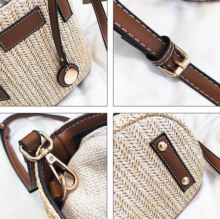 Women's bag hand-woven contrast color bucket straw bag cylinder handbag diagonal shoulder beach bag