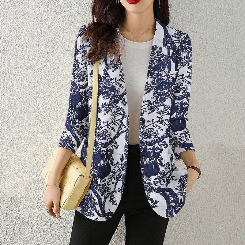 Women's Button Printed Long-sleeved Pocket Vintage Cotton And Linen jacket Blazer