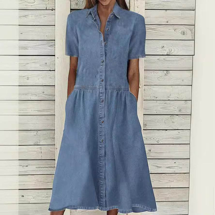 Women's European And American Lapel Casual loose button down Midi Denim jeans Mum Dress