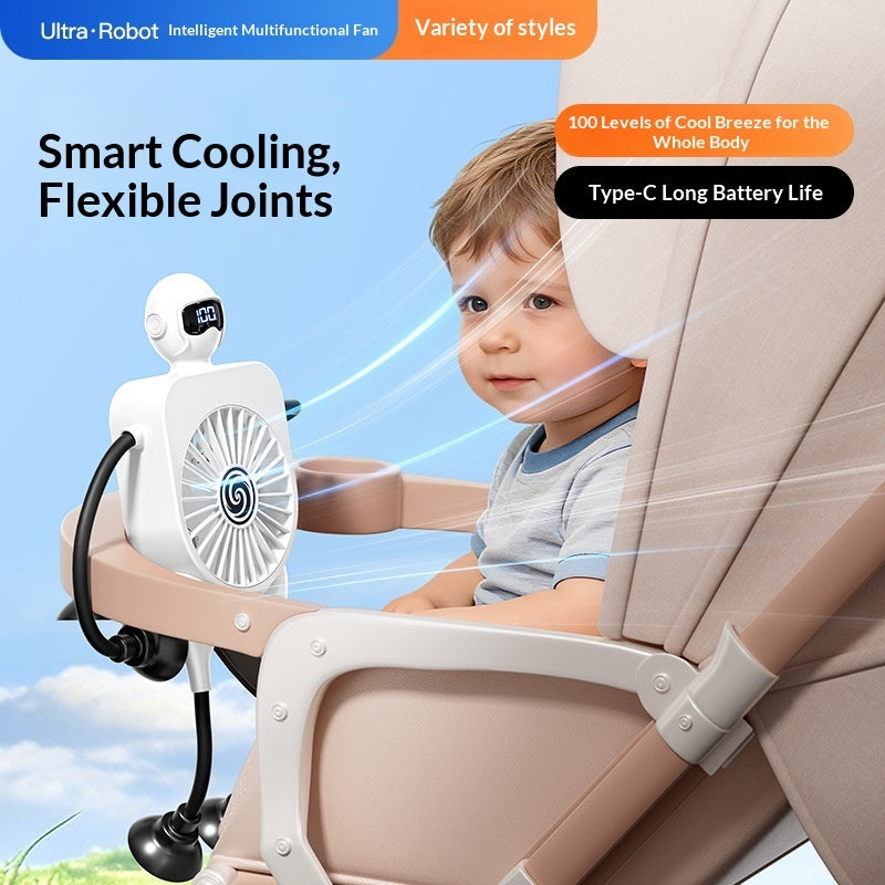 Robot USB Rechargeable Desk Fan with Suction Cup & Digital Display – 100-Speed Portable Cooling Fan