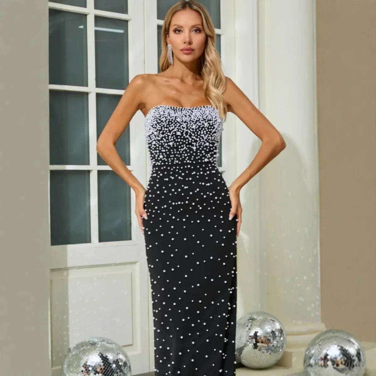 Fashion Bead Tube Top Bandage One-piece Dress Elegant Graceful Dinner Party