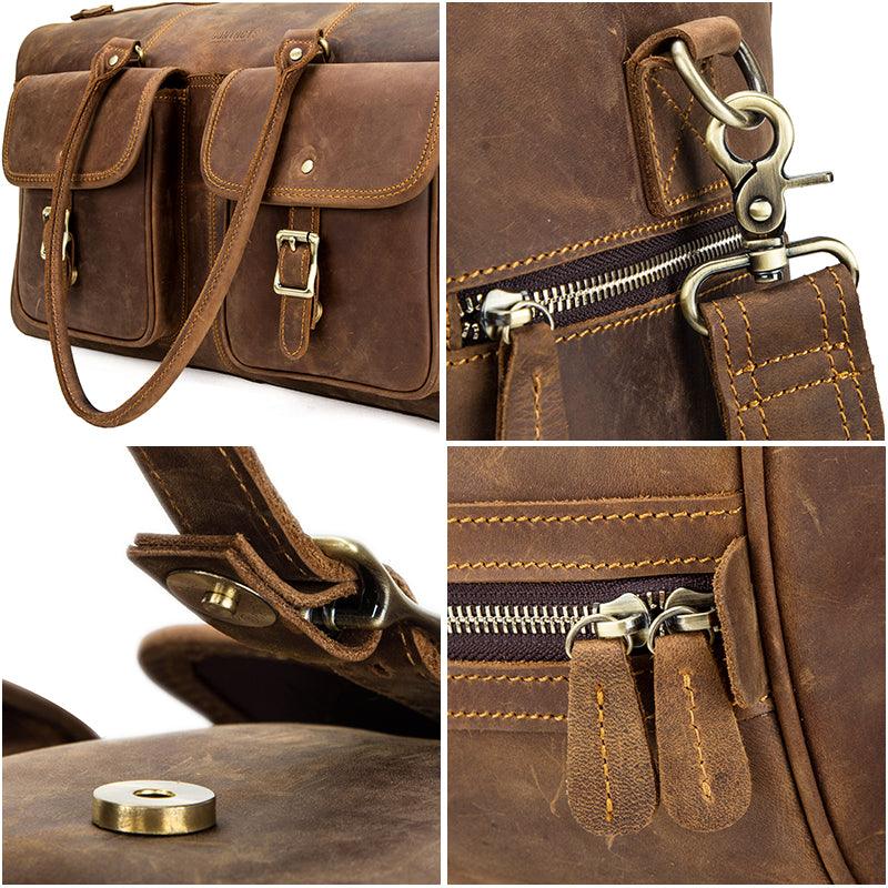 Retro Crazy Horse Leather Weekender Travel Duffel Bag with Laptop Compartment