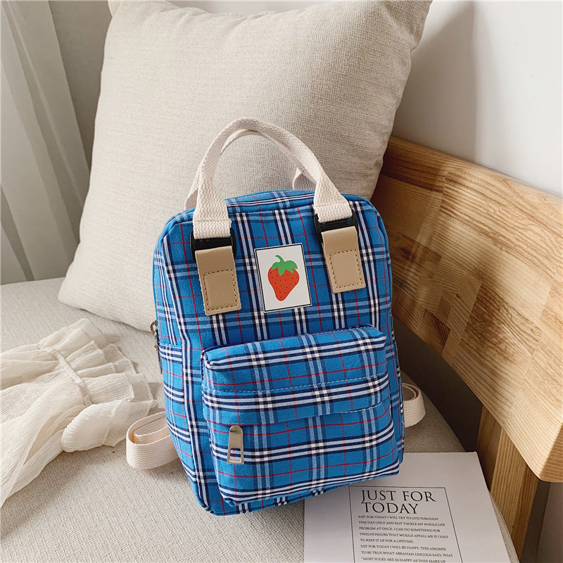 Fashion Mini Cartoon Plaid Children's Backpack – Cute Strawberry Canvas Bag for Kids