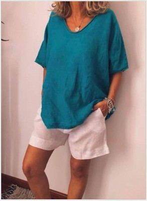 Women's Loose Short Sleeve Linen Blouse Top – Casual Summer T-Shirt