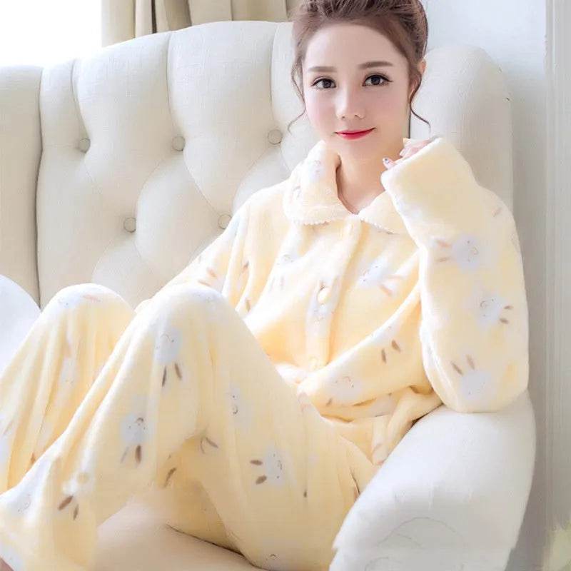 Women Coral Velvet Fleece Pajamas Fall Winter Loungewear Flannel  Sleepwear