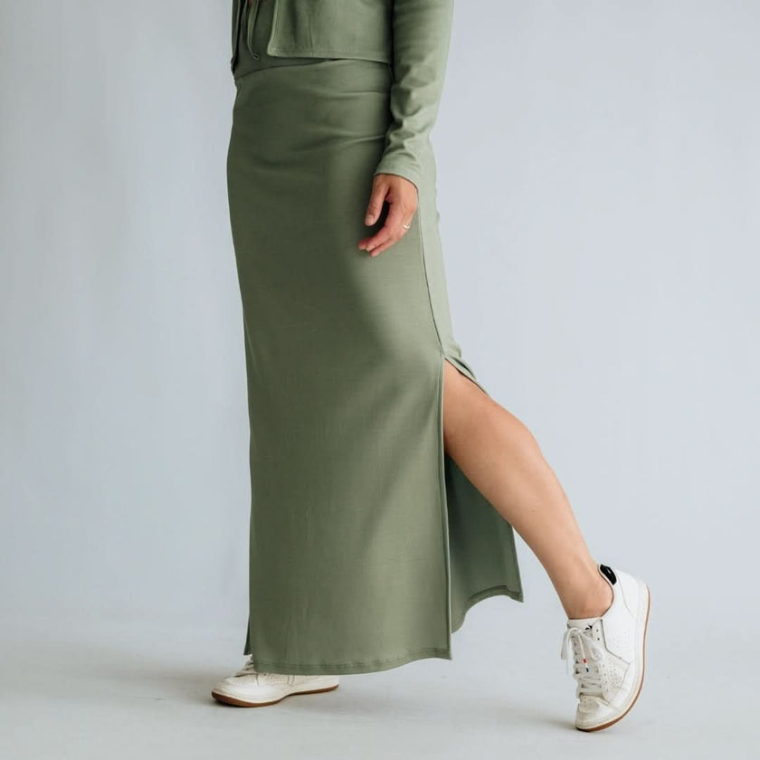 Ladies Side-Slit Bamboo Maxi Skirt | Sage