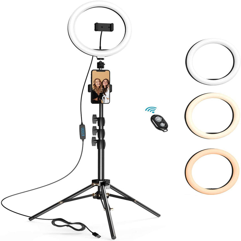 LED Ring Light with Tripod Stand, 8 10 12 inch, USB Powered, Phone Holder and Bluetooth Remote