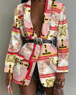 Fashion Printed Shawl Collar Single-breasted Belt Vintage Blazer Women