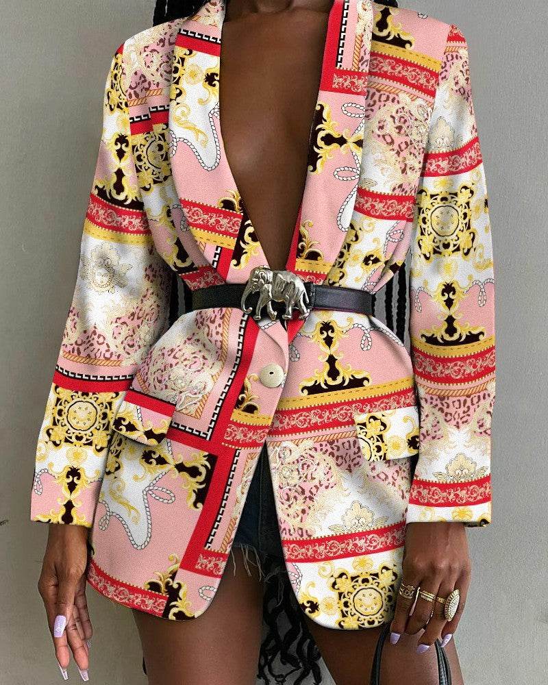 Fashion Printed Shawl Collar Single-breasted Belt Vintage Blazer Women