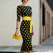 Retro Polka-Dot Belted Bodycon Dress – Elegant Knit Midi Dress for Women Canada
